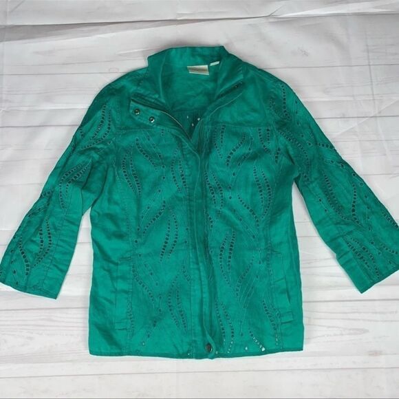 Chico's Jade Green Linen Eyelet Zip Up Jacket Size 0 - Picture 3 of 9